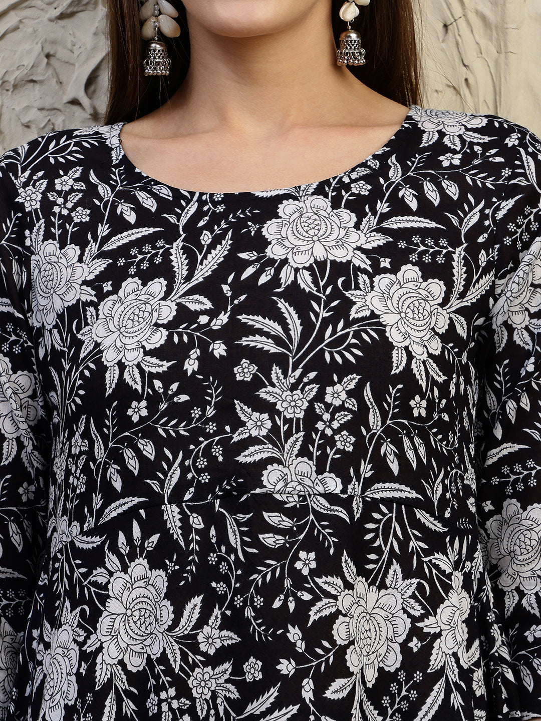 Floral Printed Flared Kurta With Pant & Dupatta, Black - Hiral Fashion