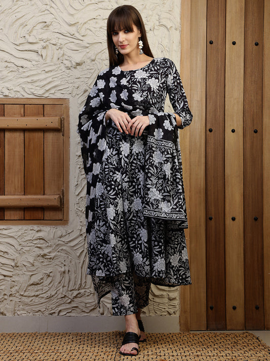 Floral Printed Flared Kurta With Pant & Dupatta, Black - Hiral Fashion