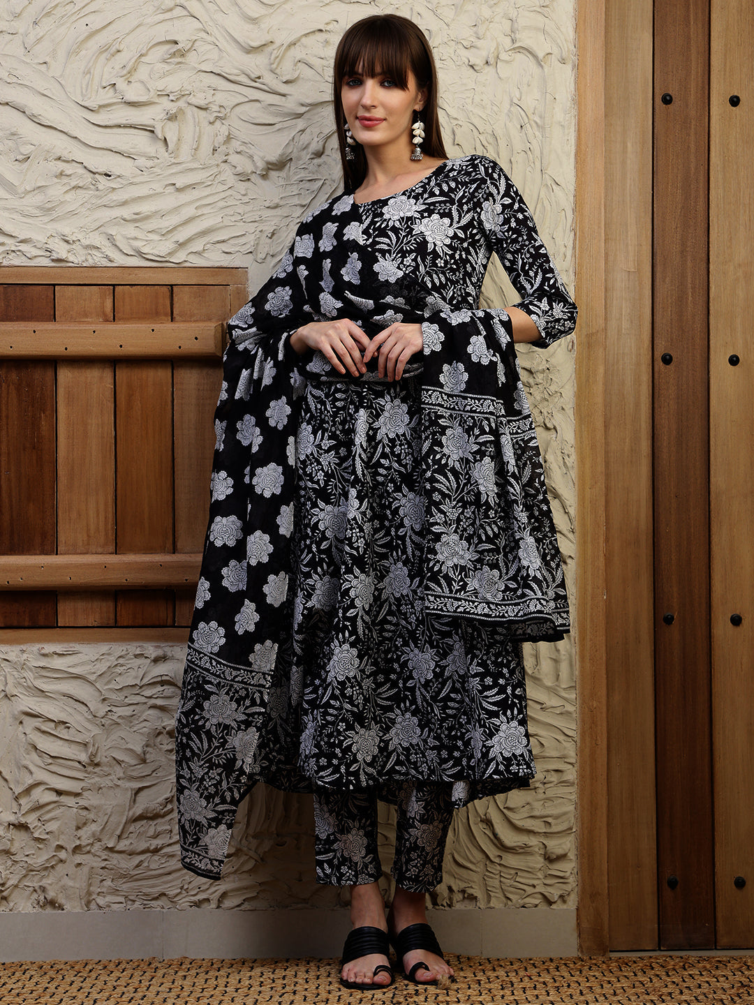 Floral Printed Flared Kurta With Pant & Dupatta, Black - Hiral Fashion