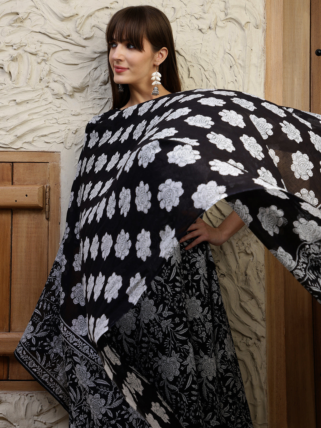 Floral Printed Flared Kurta With Pant & Dupatta, Black - Hiral Fashion