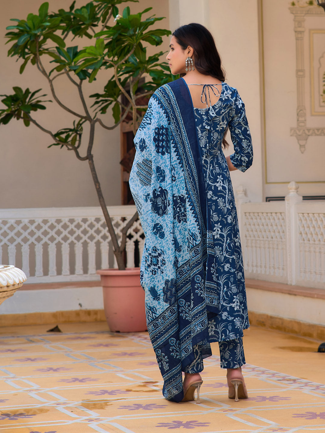 Floral Printed Flared Kurta With Pant & Dupatta, Blue - Hiral Fashion