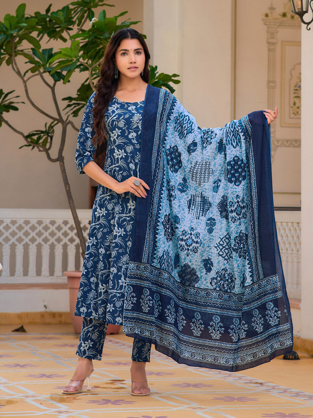 Floral Printed Flared Kurta With Pant & Dupatta, Blue - Hiral Fashion