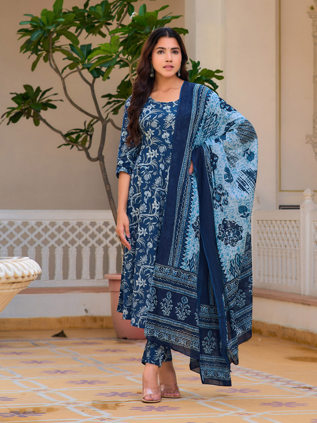 Floral Printed Flared Kurta With Pant & Dupatta, Blue - Hiral Fashion
