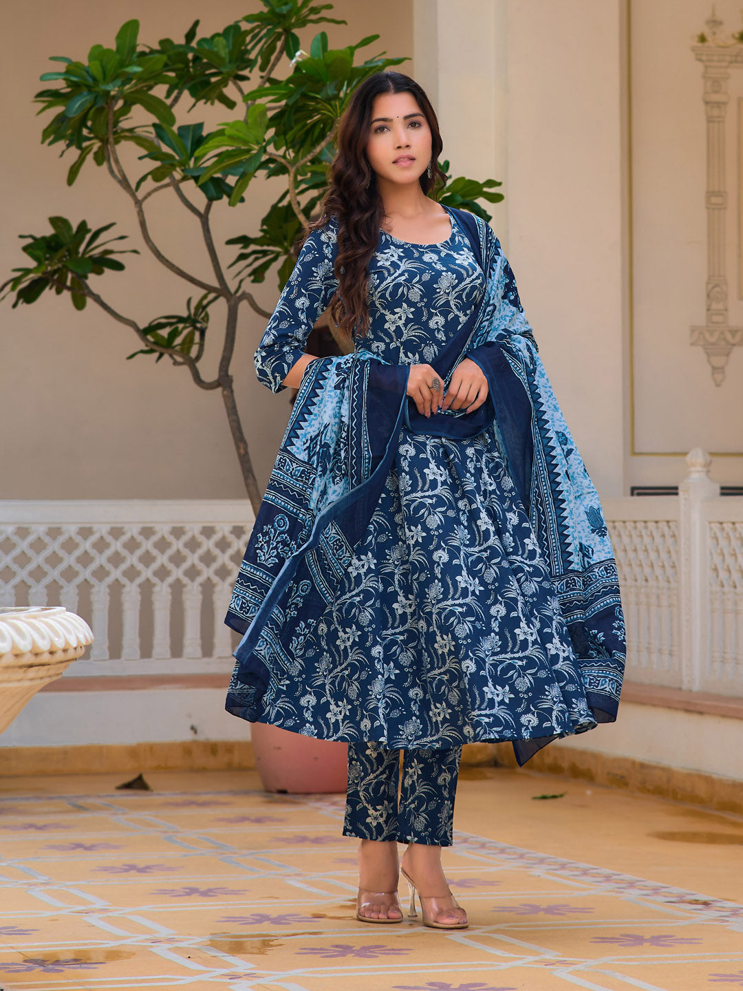 Floral Printed Flared Kurta With Pant & Dupatta, Blue - Hiral Fashion