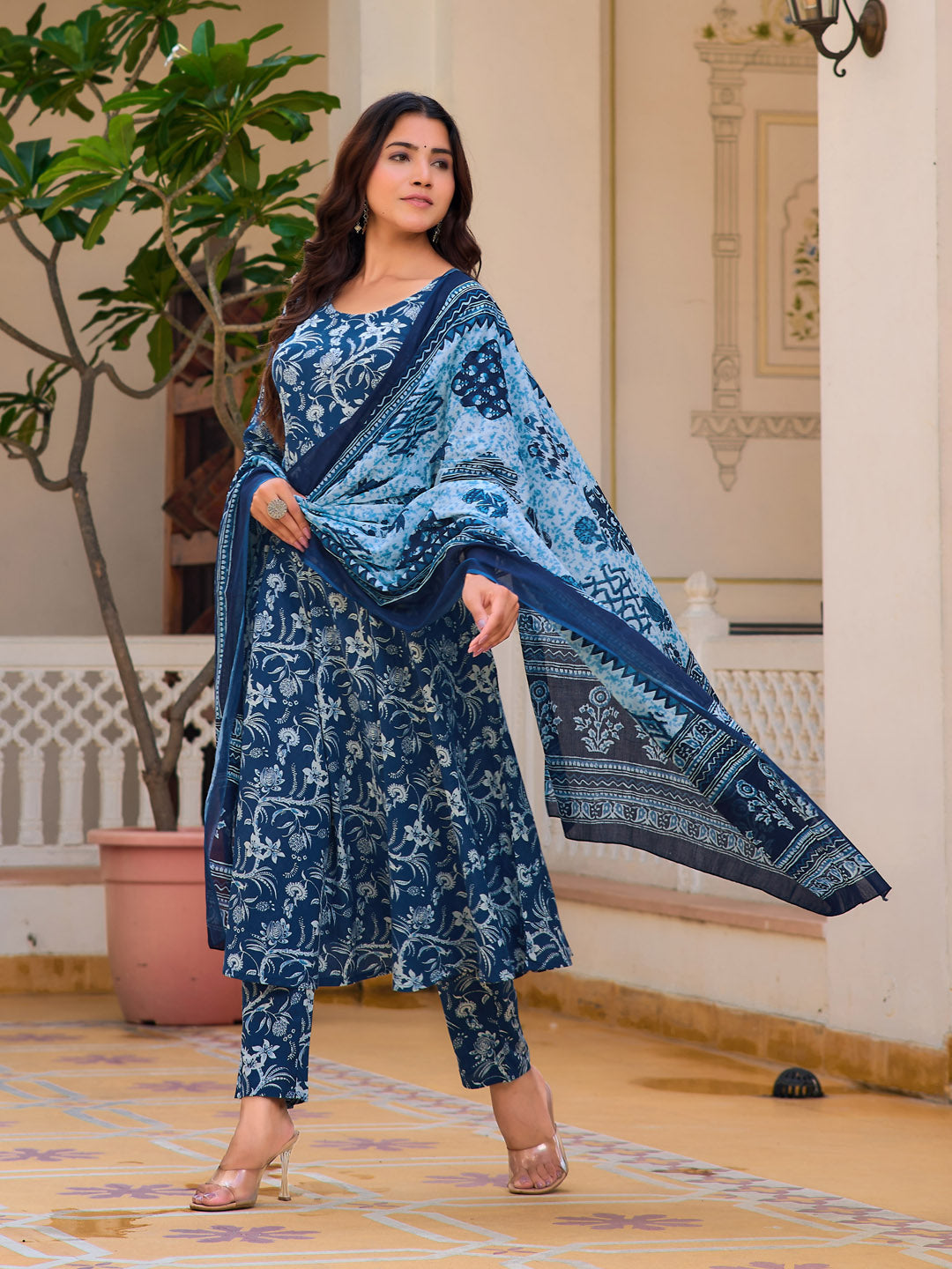 Floral Printed Flared Kurta With Pant & Dupatta, Blue - Hiral Fashion