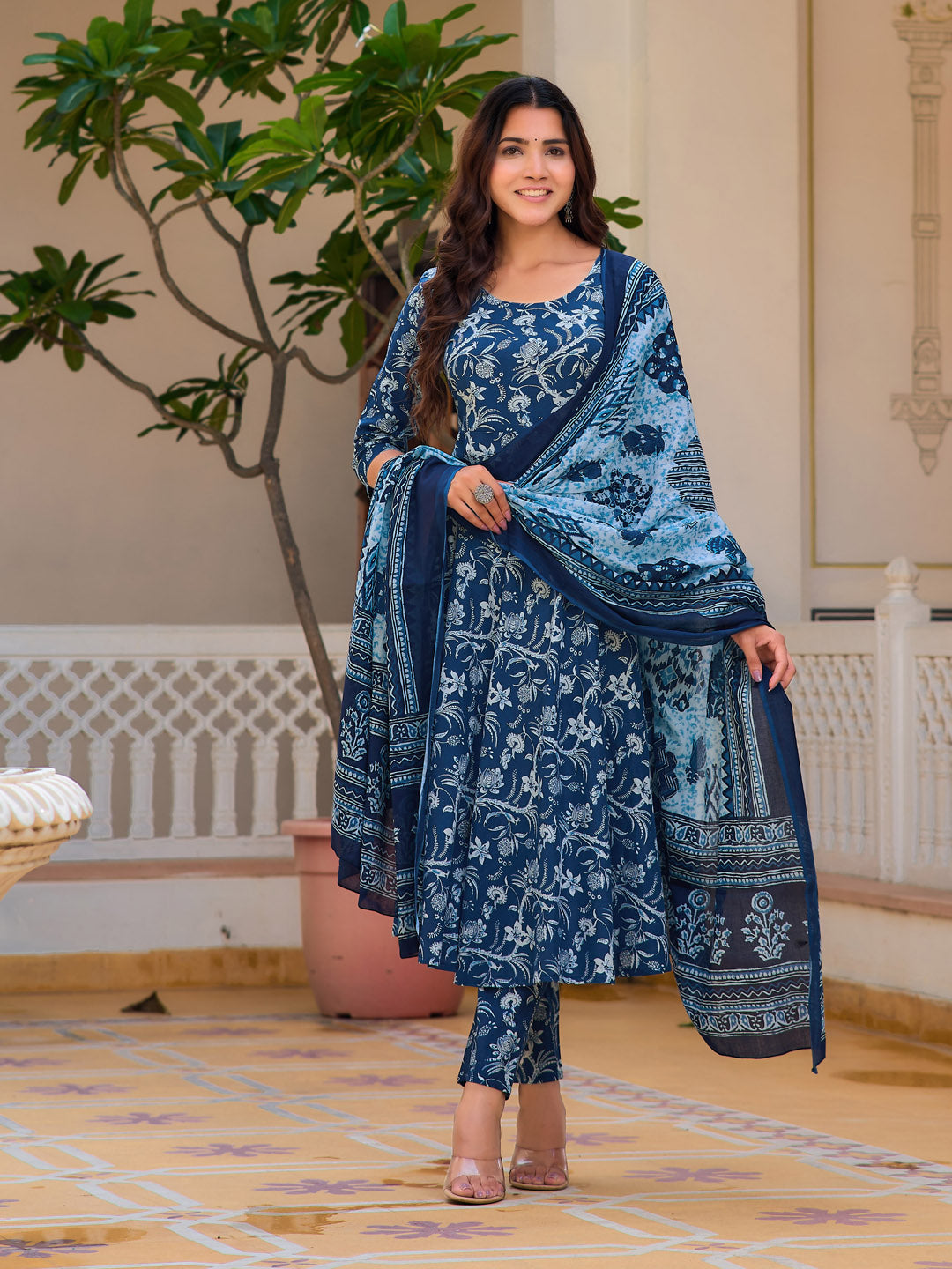 Floral Printed Flared Kurta With Pant & Dupatta, Blue - Hiral Fashion