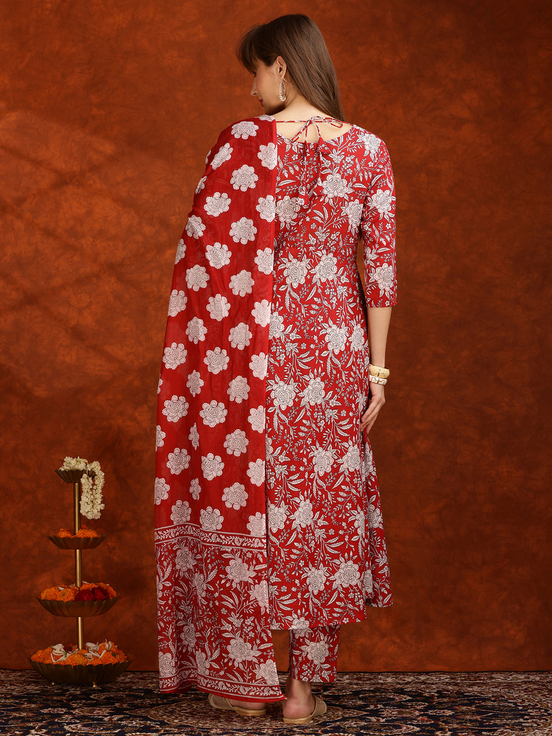 Floral Printed Flared Kurta With Pant & Dupatta, Maroon - Hiral Fashion