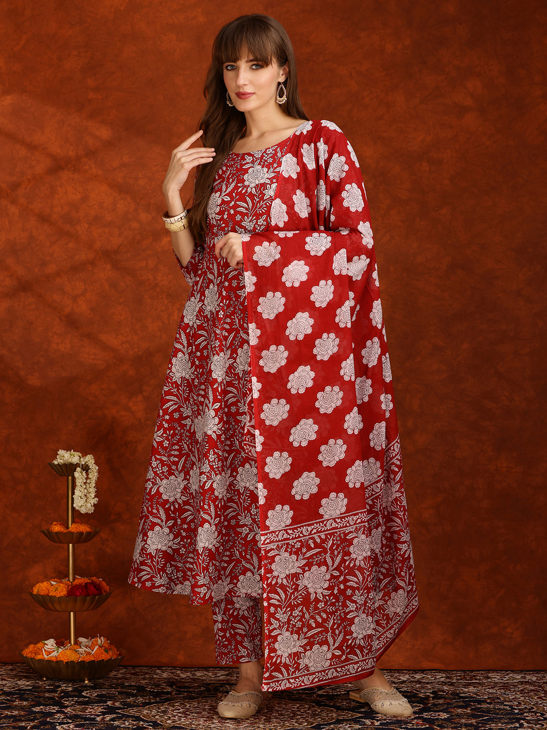 Floral Printed Flared Kurta With Pant & Dupatta, Maroon - Hiral Fashion