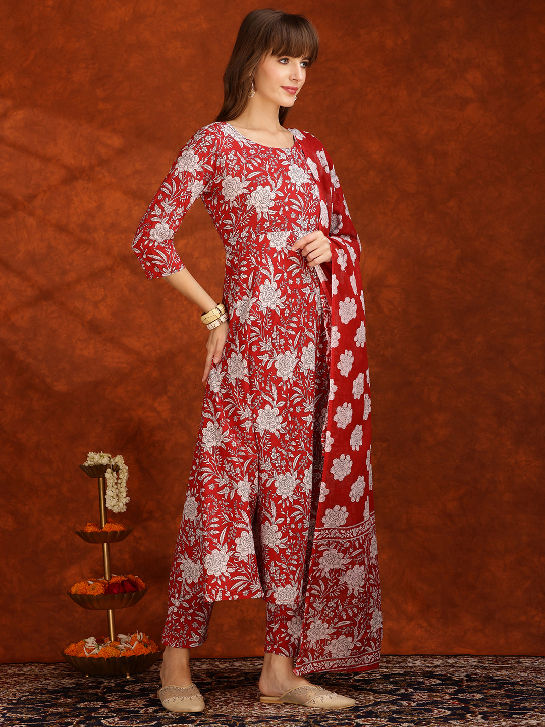 Floral Printed Flared Kurta With Pant & Dupatta, Maroon - Hiral Fashion