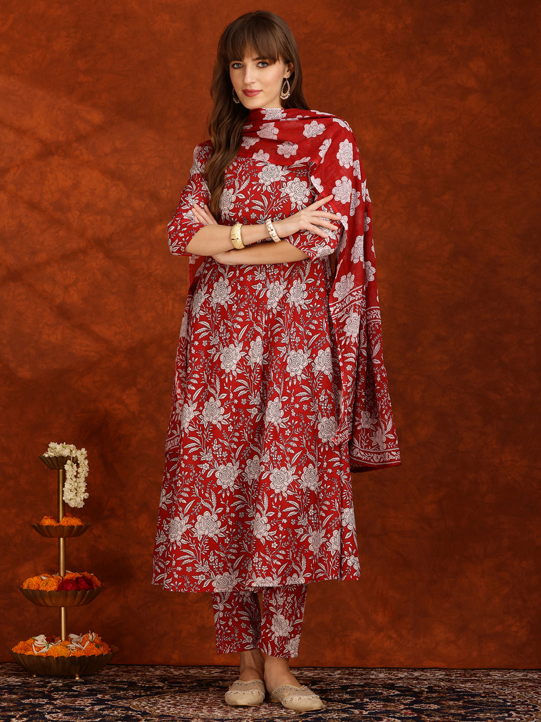 Floral Printed Flared Kurta With Pant & Dupatta, Maroon - Hiral Fashion