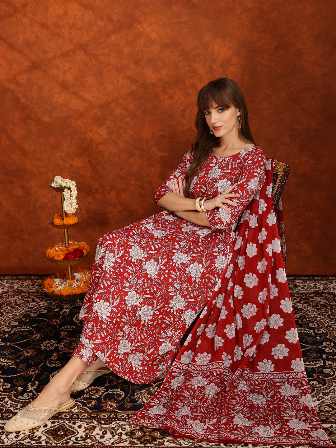 Floral Printed Flared Kurta With Pant & Dupatta, Maroon - Hiral Fashion