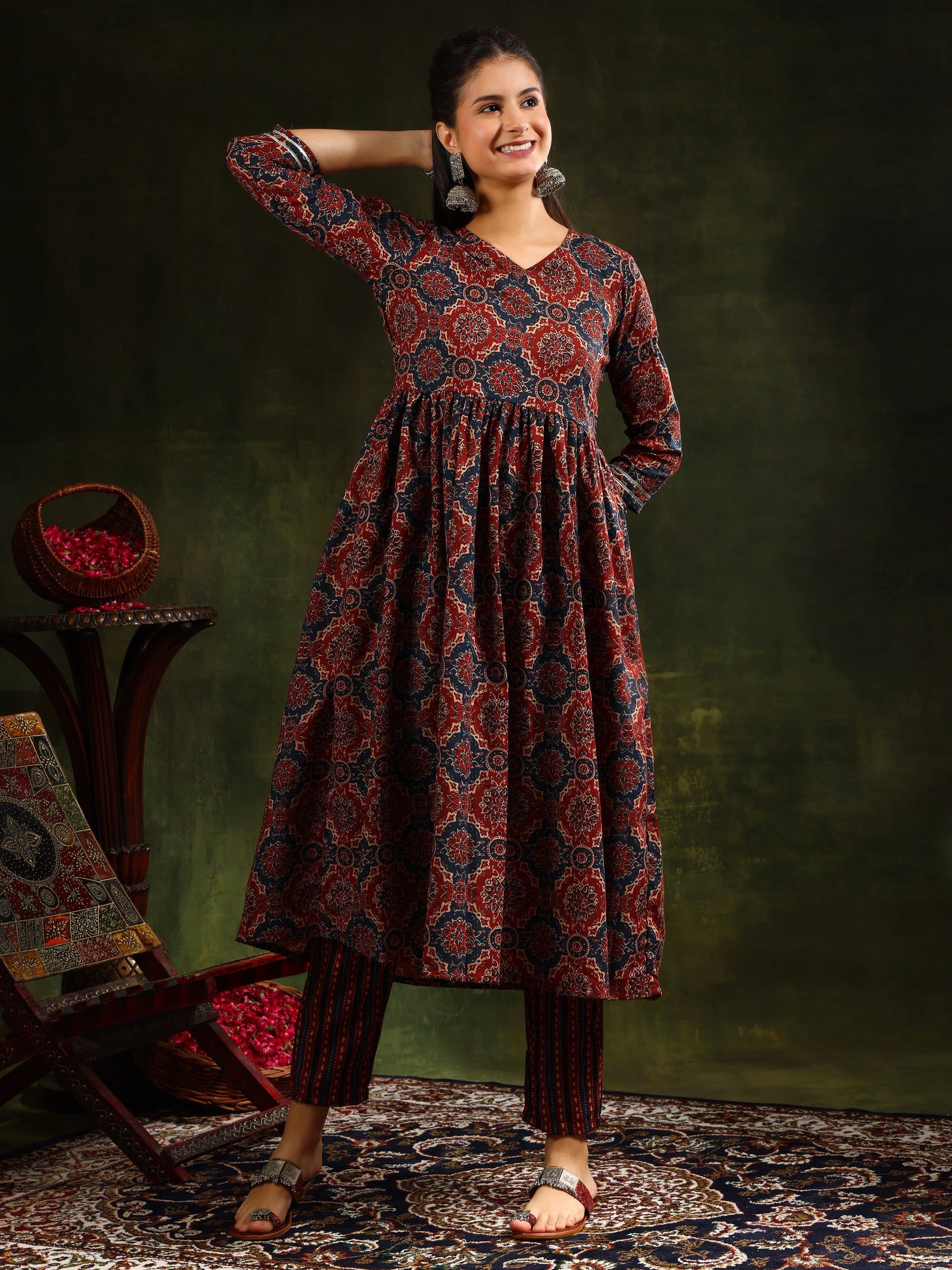 Printed Flared Anarkali Kurta With Pant & Dupatta, Rust - Hiral Fashion