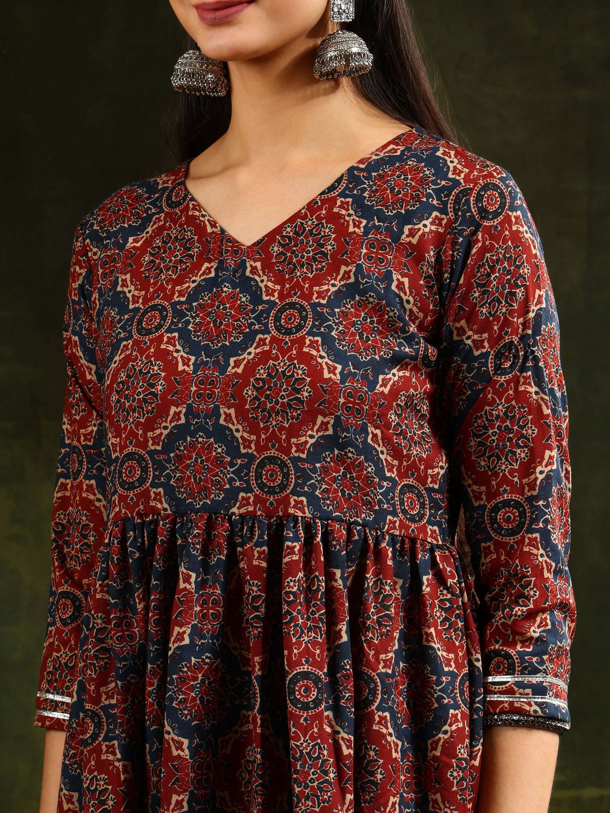 Printed Flared Anarkali Kurta With Pant & Dupatta, Rust - Hiral Fashion