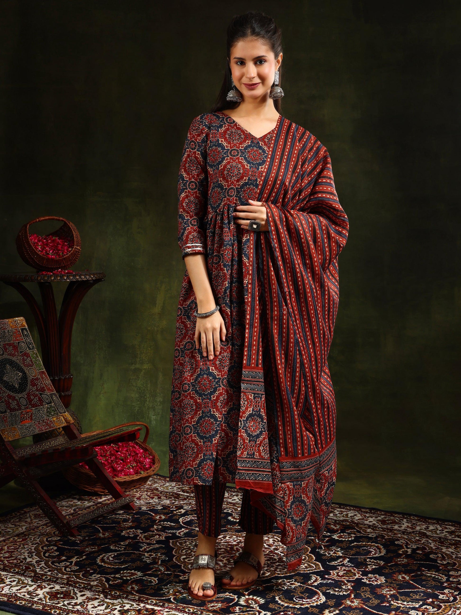 Printed Flared Anarkali Kurta With Pant & Dupatta, Rust - Hiral Fashion