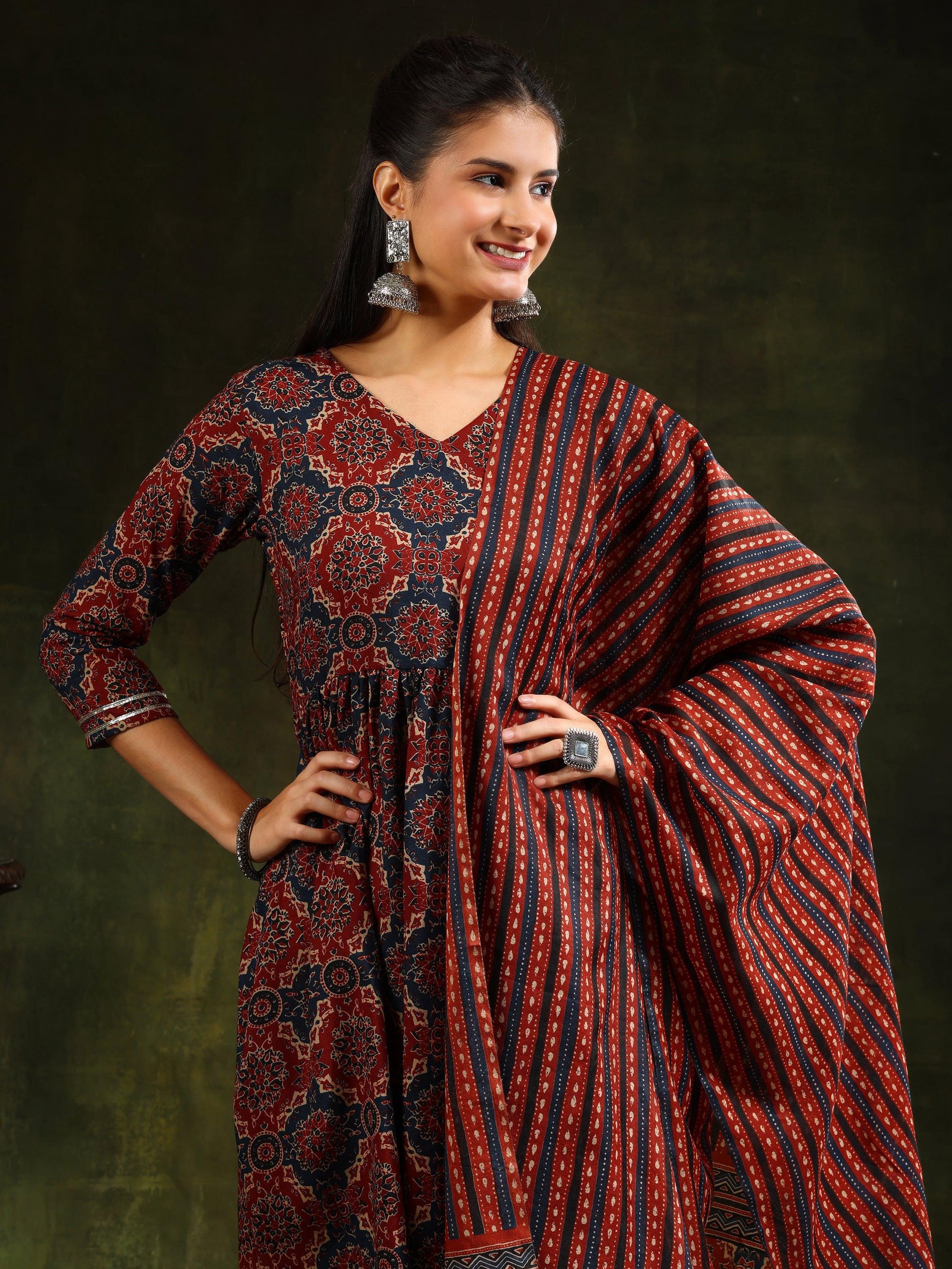 Printed Flared Anarkali Kurta With Pant & Dupatta, Rust - Hiral Fashion