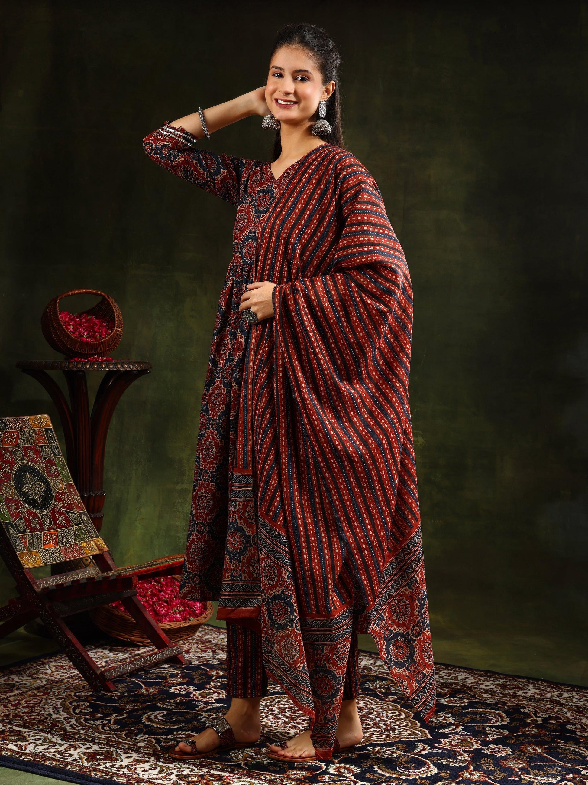 Printed Flared Anarkali Kurta With Pant & Dupatta, Rust - Hiral Fashion