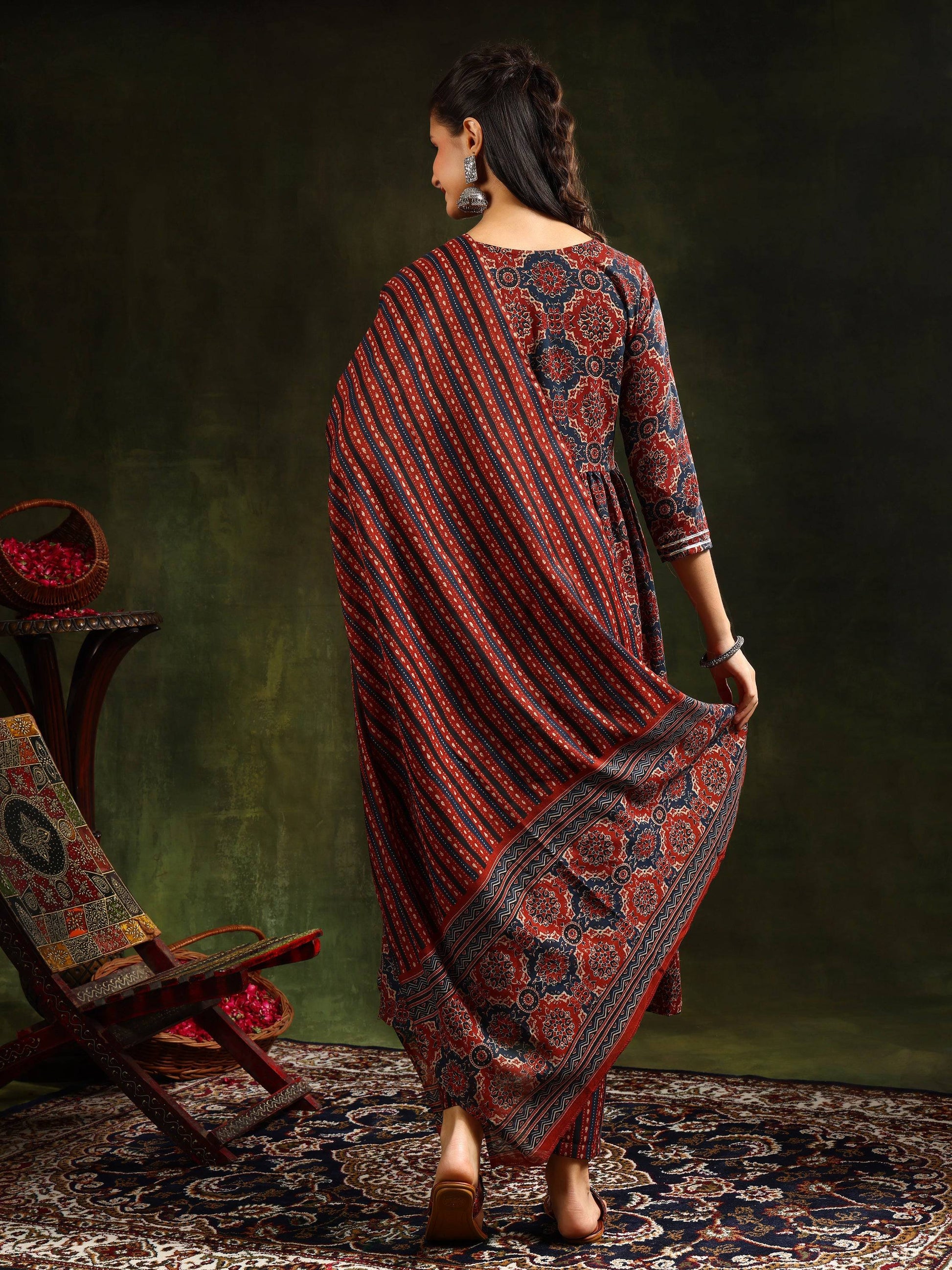 Printed Flared Anarkali Kurta With Pant & Dupatta, Rust - Hiral Fashion