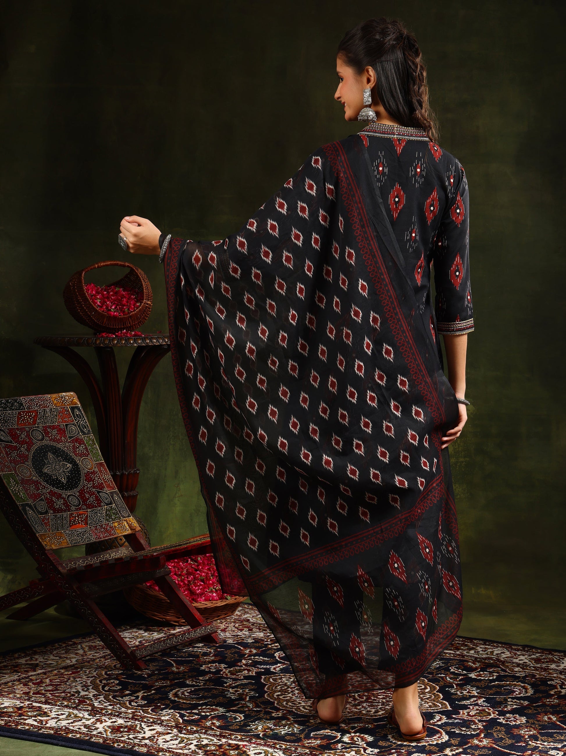 Ethnic Motifs Printed Aline Kurta With Pant & Dupatta, Black - Hiral Fashion