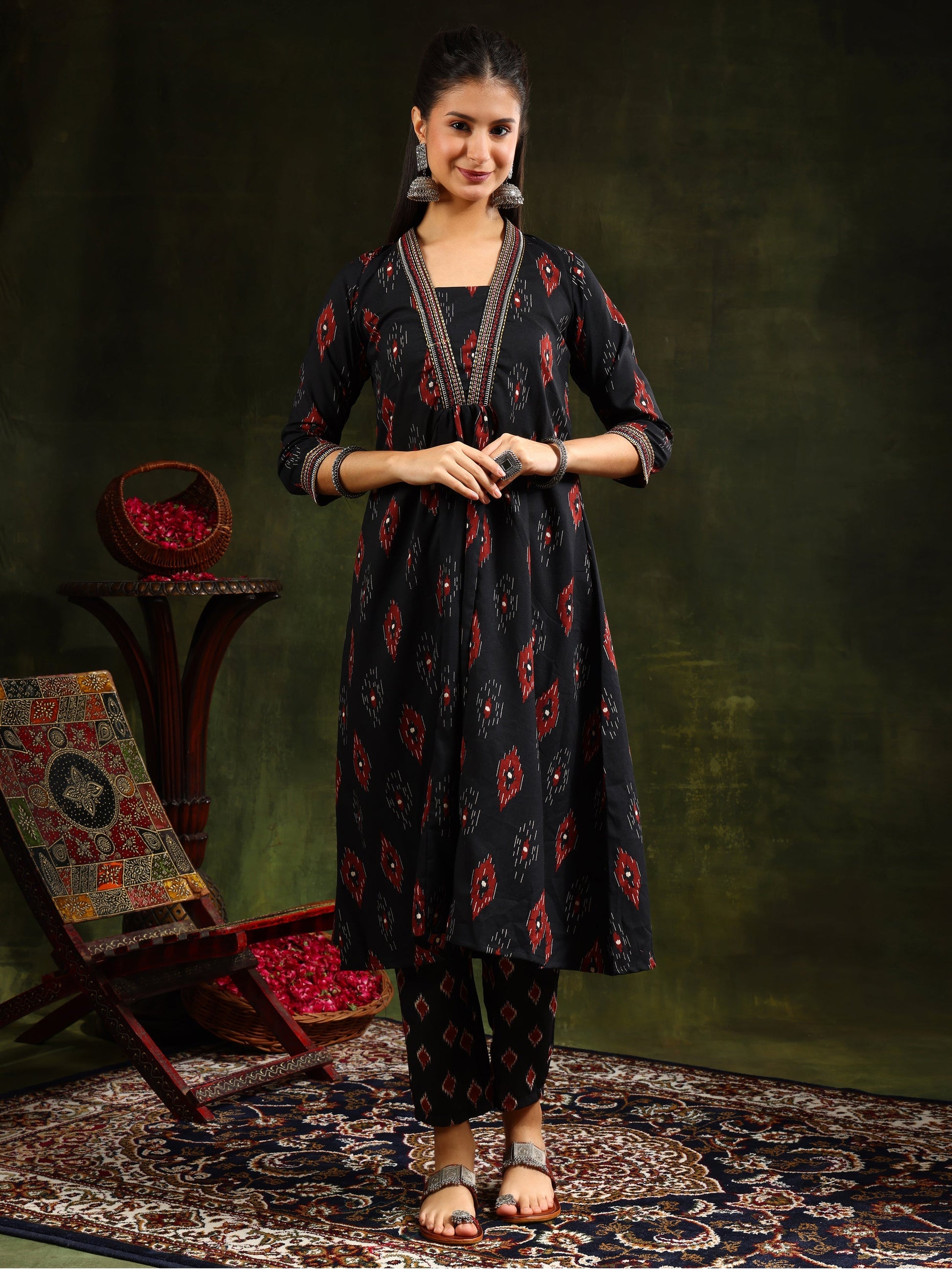 Ethnic Motifs Printed Aline Kurta With Pant & Dupatta, Black - Hiral Fashion