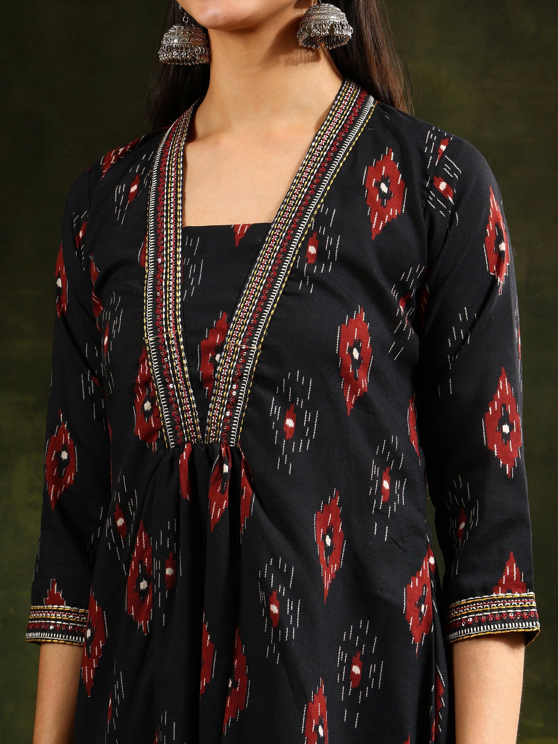 Ethnic Motifs Printed Aline Kurta With Pant & Dupatta, Black - Hiral Fashion