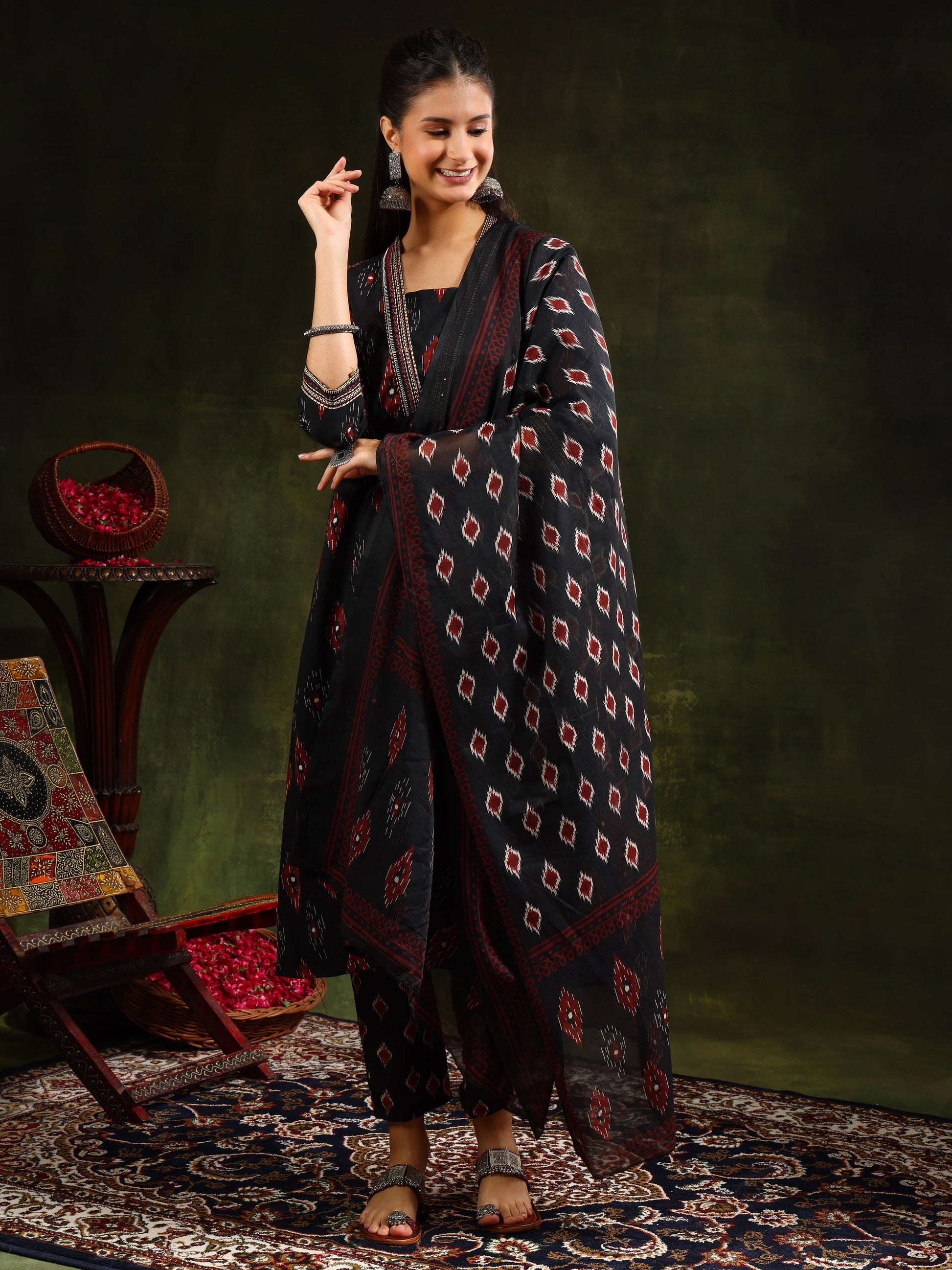 Ethnic Motifs Printed Aline Kurta With Pant & Dupatta, Black - Hiral Fashion