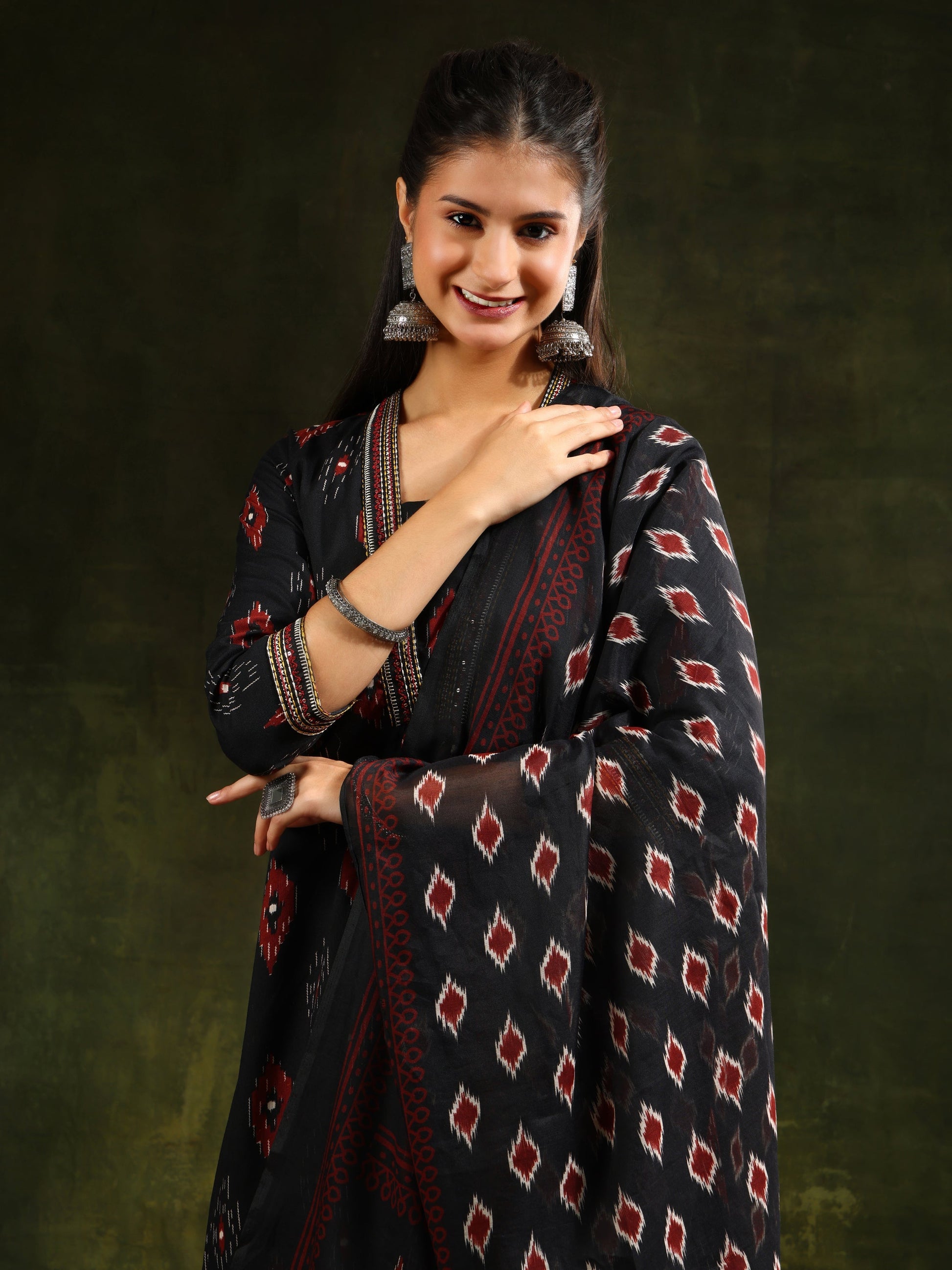 Ethnic Motifs Printed Aline Kurta With Pant & Dupatta, Black - Hiral Fashion