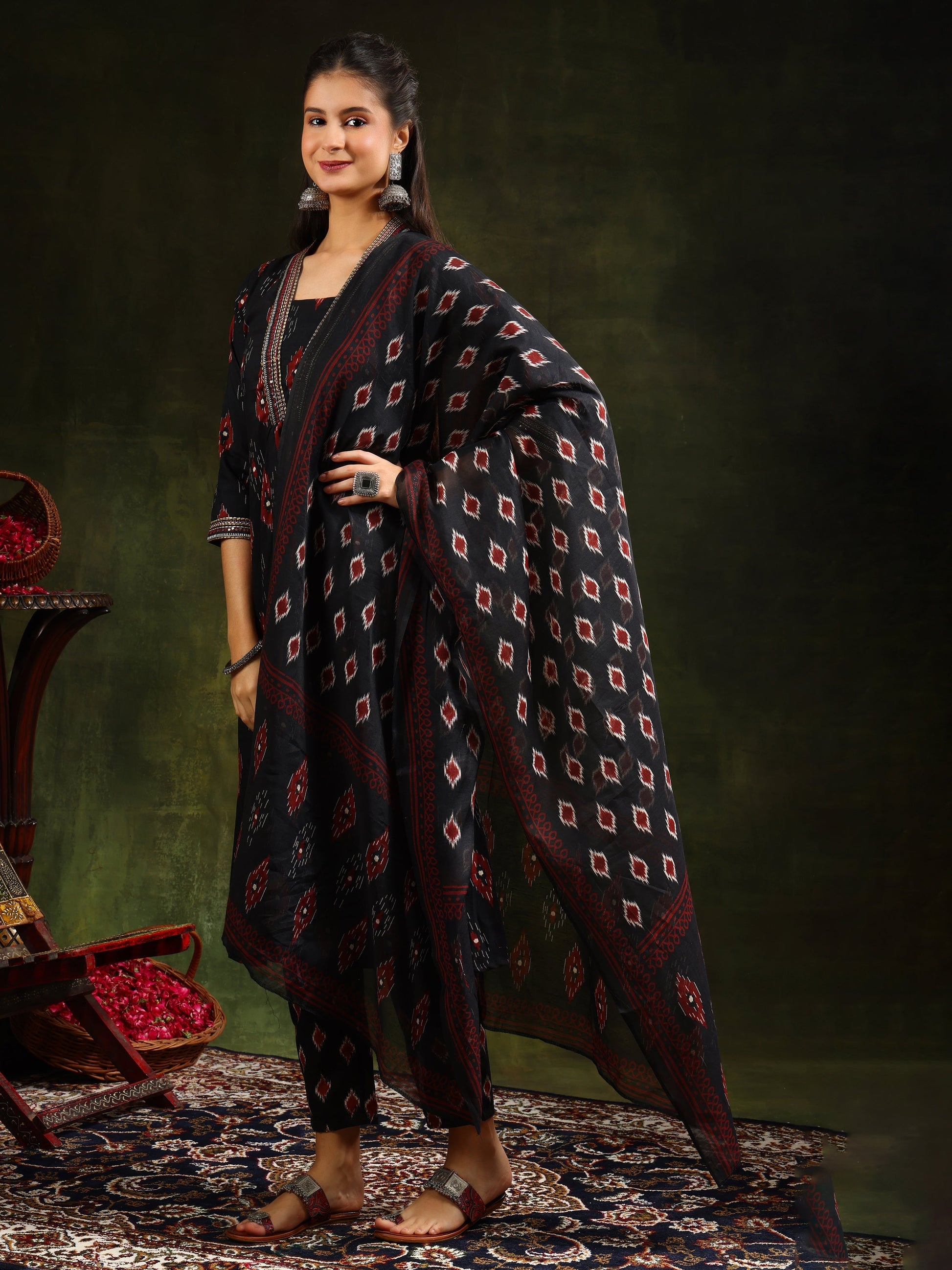 Ethnic Motifs Printed Aline Kurta With Pant & Dupatta, Black - Hiral Fashion