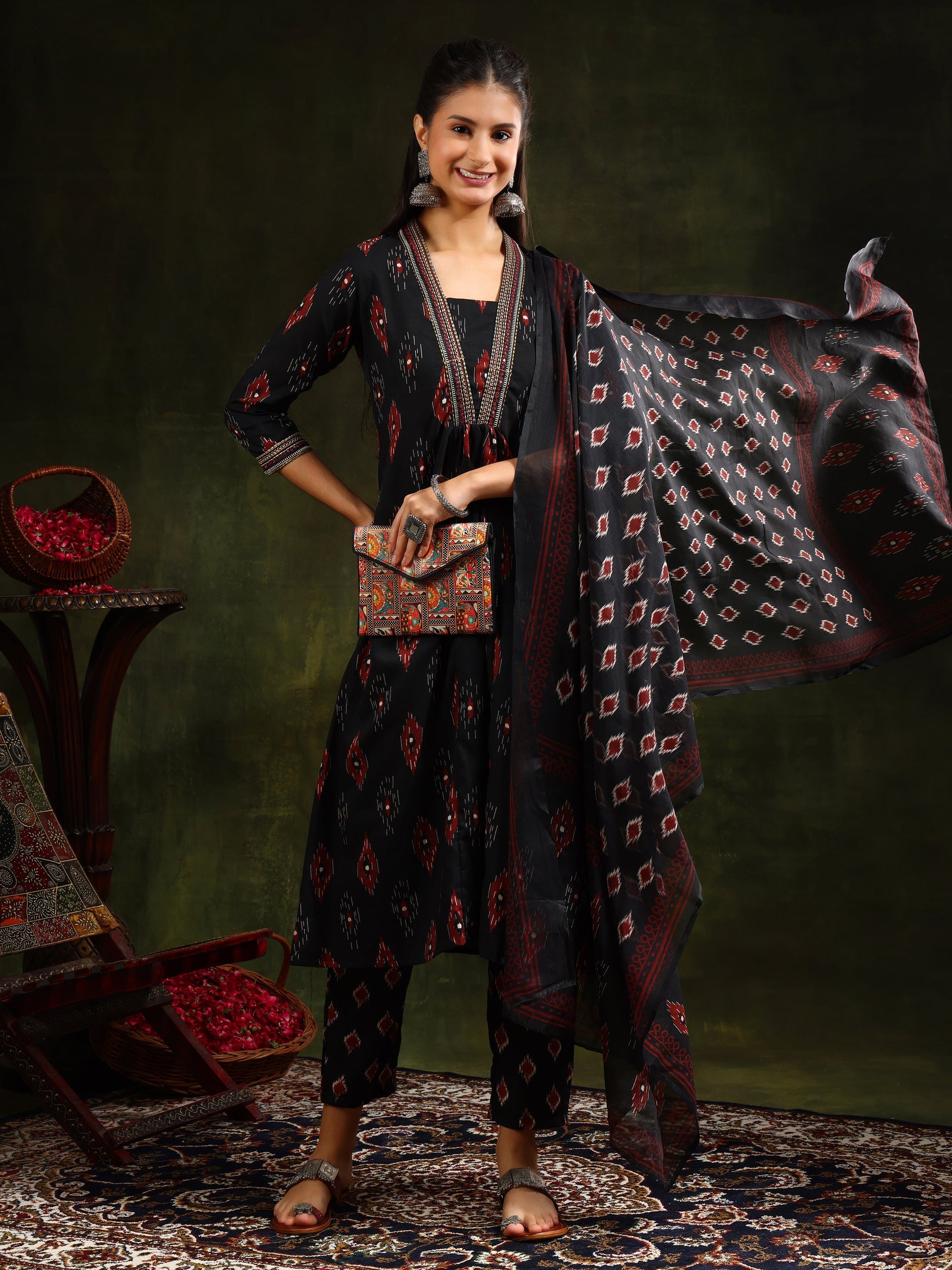 Ethnic Motifs Printed Aline Kurta With Pant & Dupatta, Black - Hiral Fashion