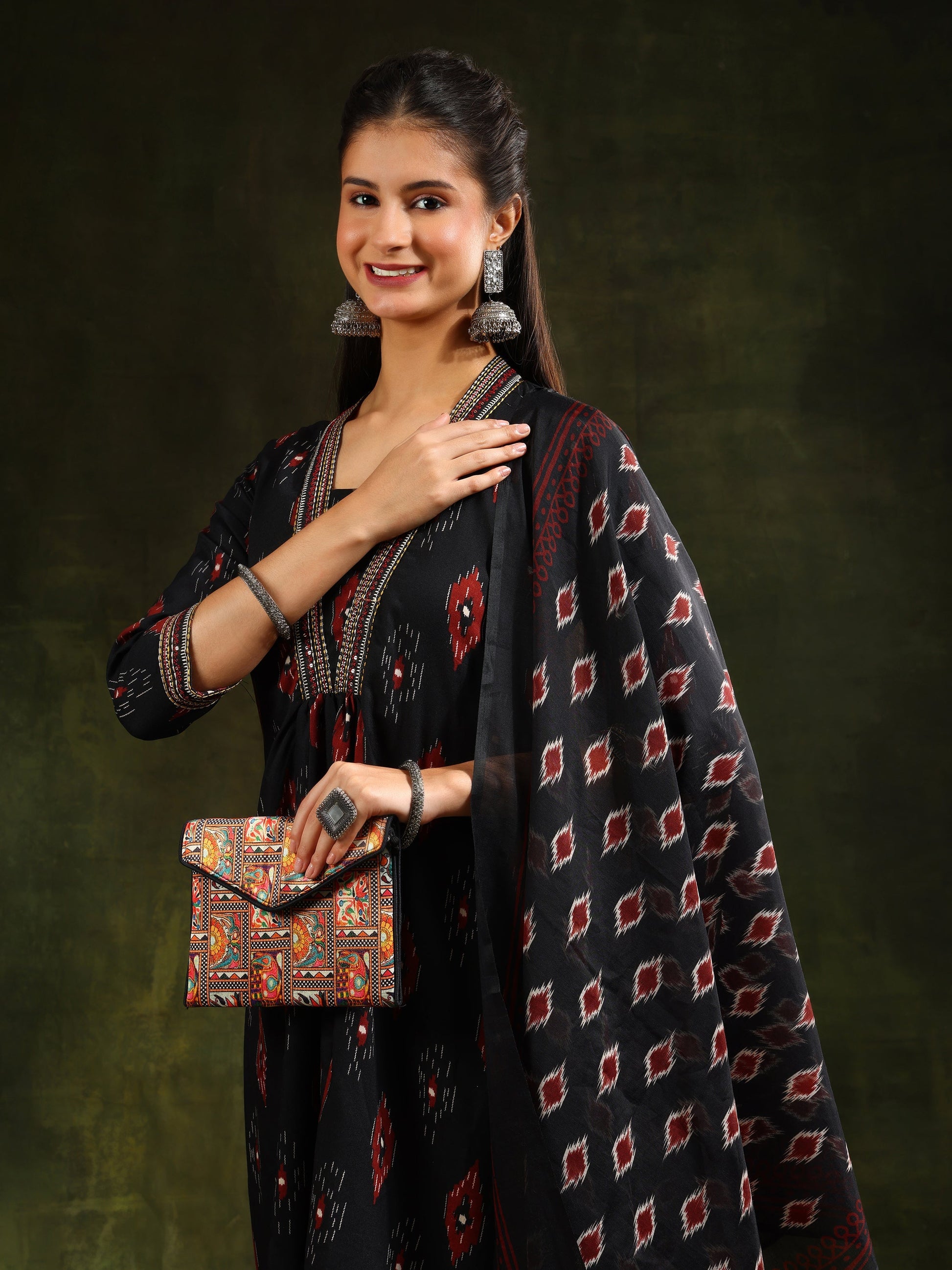 Ethnic Motifs Printed Aline Kurta With Pant & Dupatta, Black - Hiral Fashion