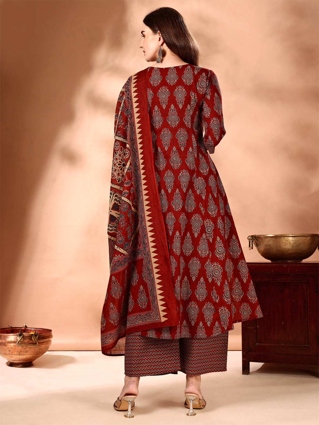 Flared Ethnic Motifs Printed Kurta With Palazzo Pant & Dupatta, Rust - Hiral Fashion