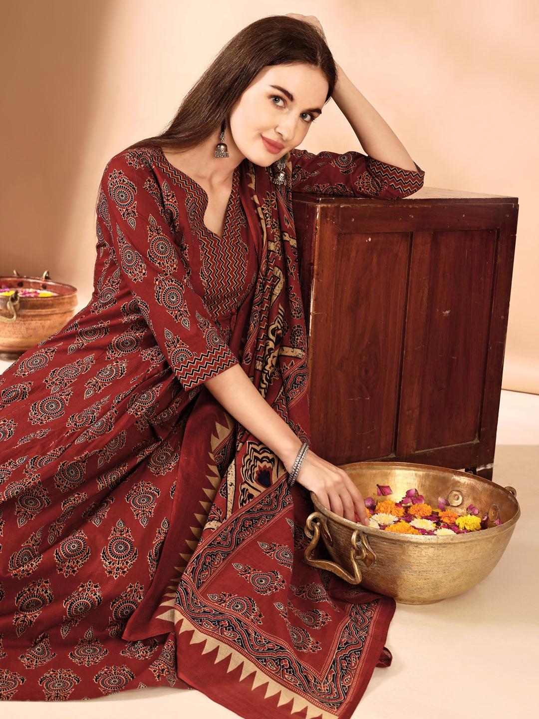 Flared Ethnic Motifs Printed Kurta With Palazzo Pant & Dupatta, Rust - Hiral Fashion