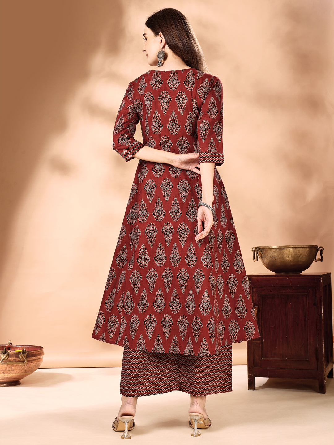 Flared Ethnic Motifs Printed Kurta With Palazzo Pant & Dupatta, Rust - Hiral Fashion