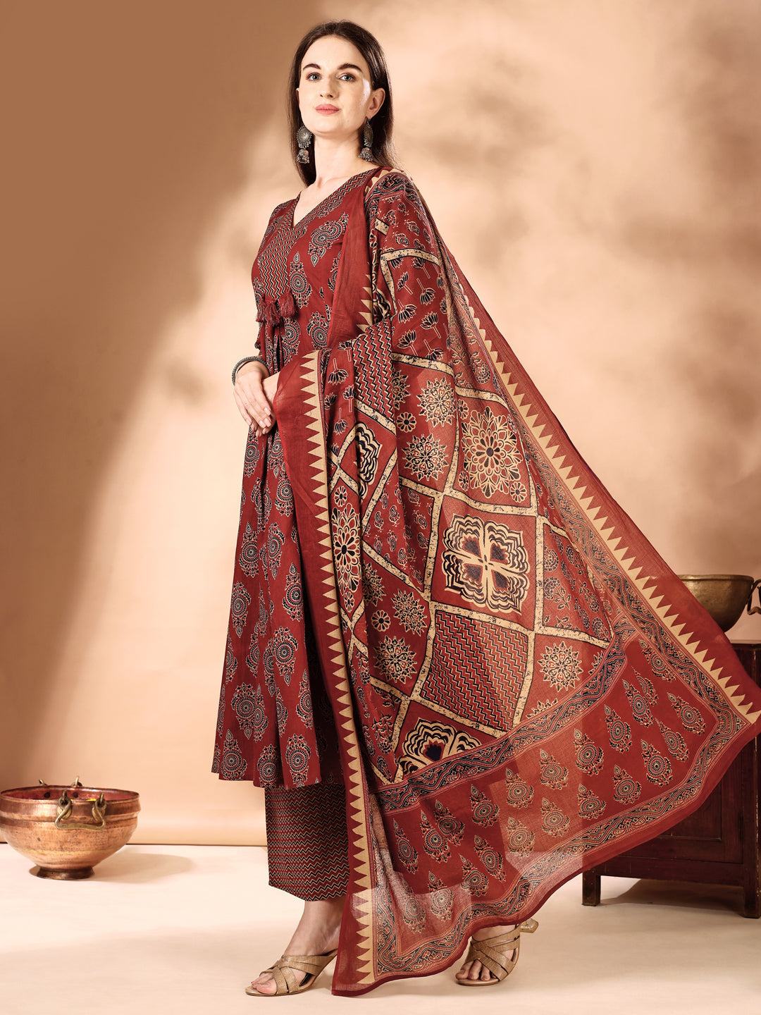 Flared Ethnic Motifs Printed Kurta With Palazzo Pant & Dupatta, Rust - Hiral Fashion