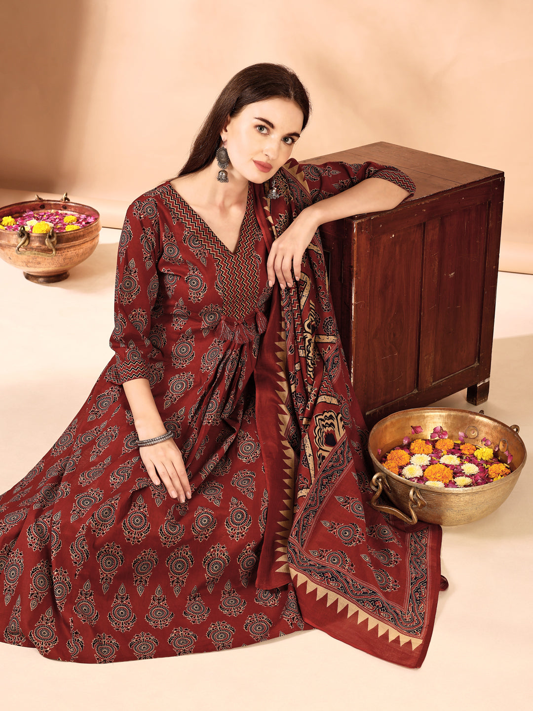 Flared Ethnic Motifs Printed Kurta With Palazzo Pant & Dupatta, Rust - Hiral Fashion