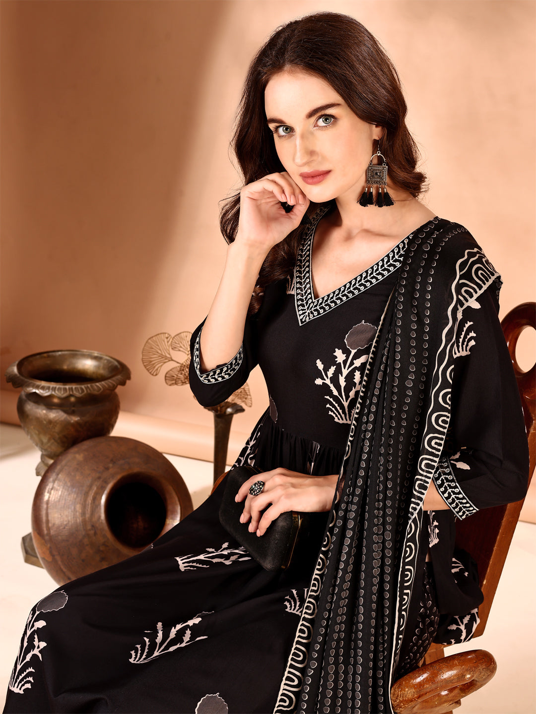 Embroidered & Ethnic Motifs Printed Flared Kurta With Pant & Dupatta, Black - Hiral Fashion