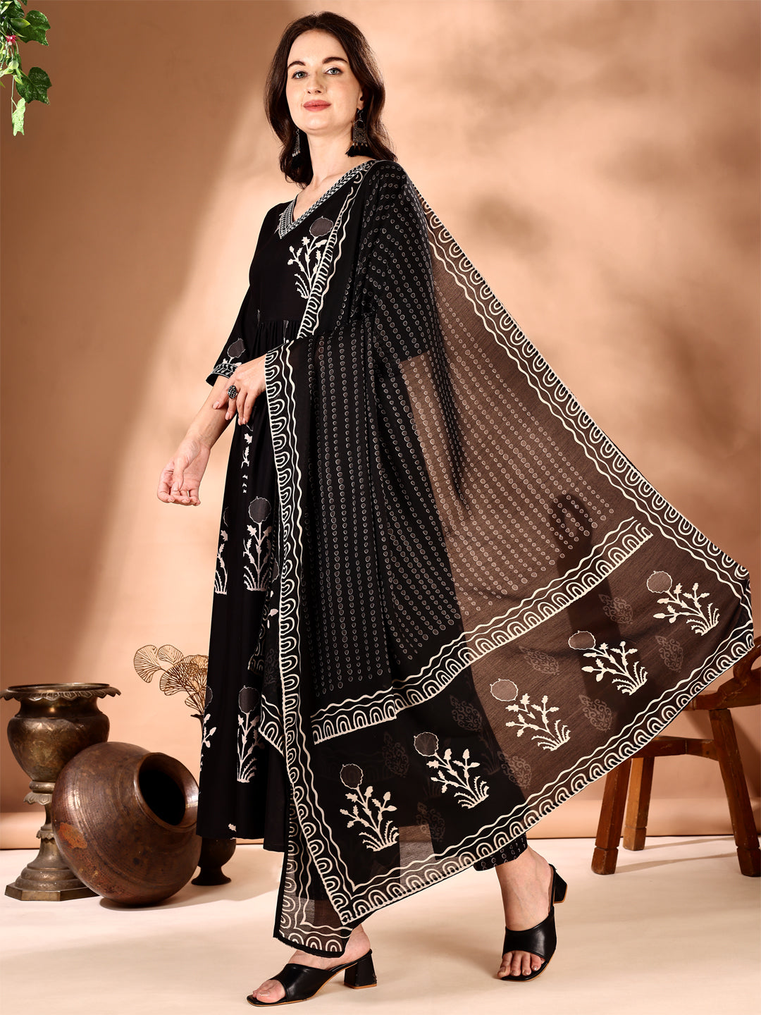Embroidered & Ethnic Motifs Printed Flared Kurta With Pant & Dupatta, Black - Hiral Fashion