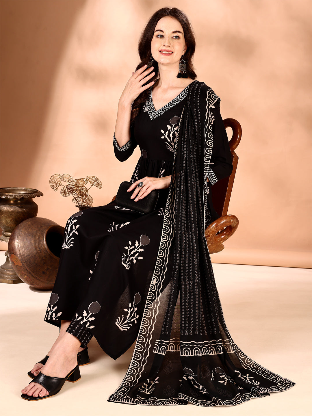 Embroidered & Ethnic Motifs Printed Flared Kurta With Pant & Dupatta, Black - Hiral Fashion