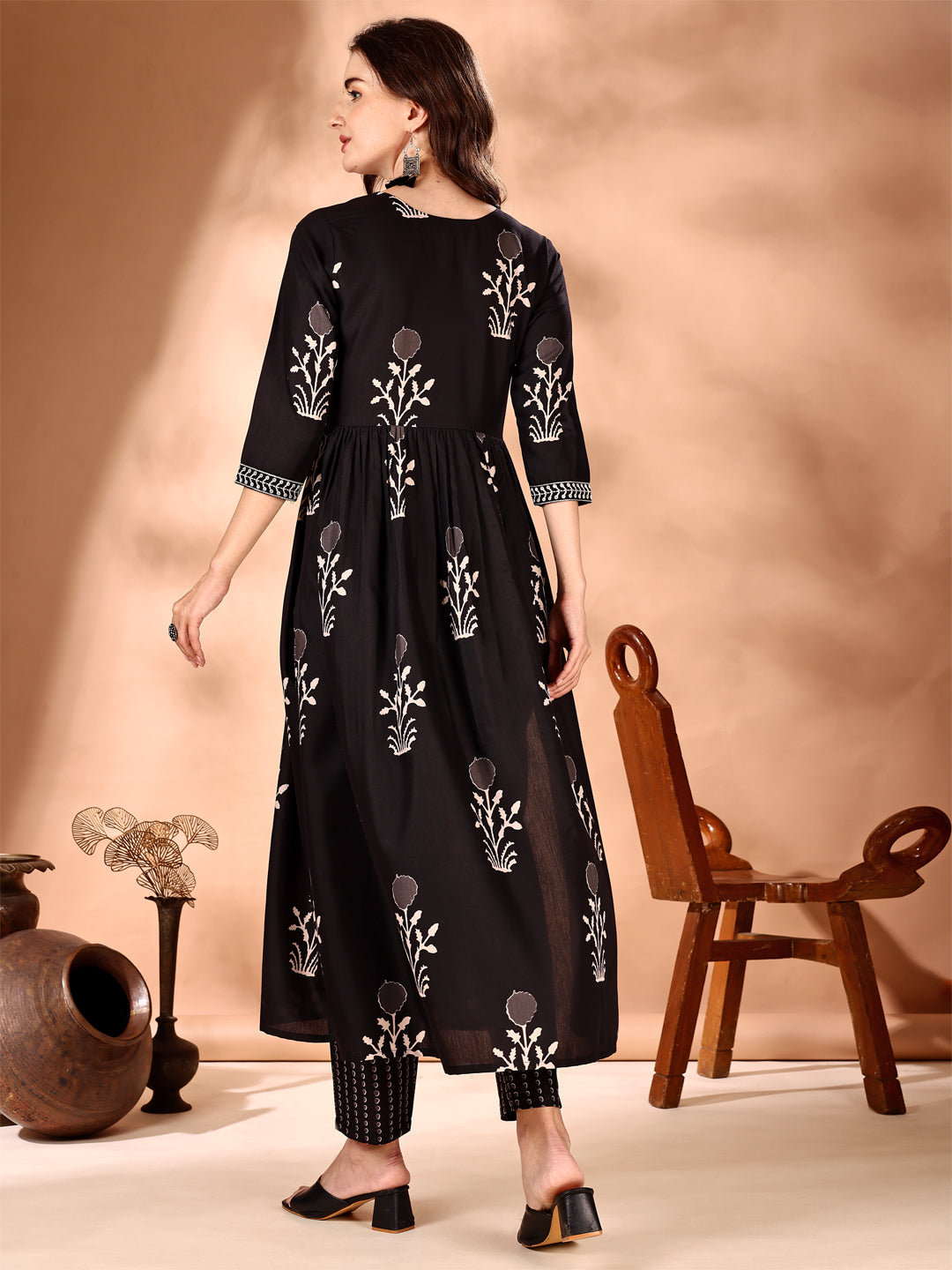 Embroidered & Ethnic Motifs Printed Flared Kurta With Pant & Dupatta, Black - Hiral Fashion