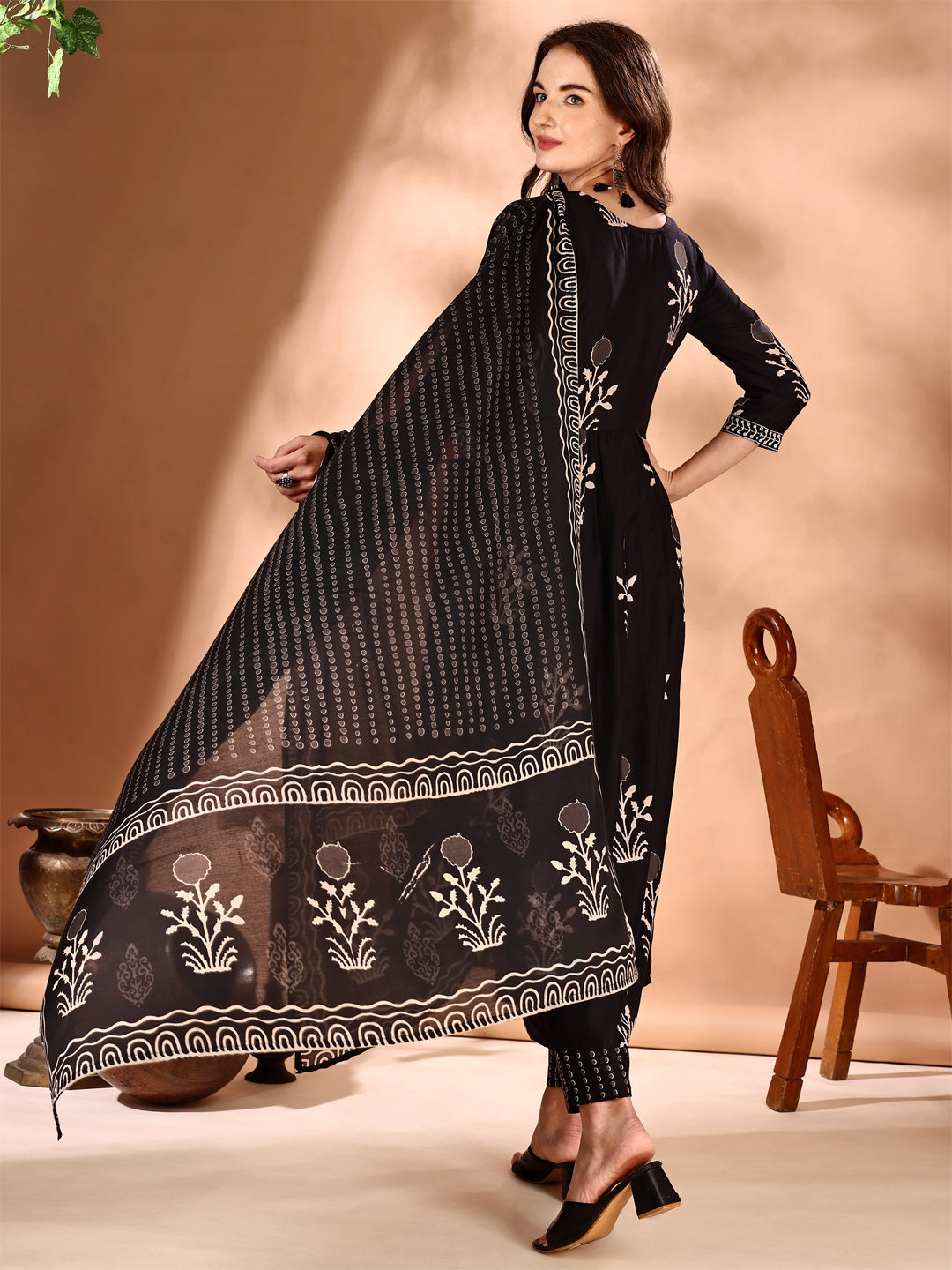 Embroidered & Ethnic Motifs Printed Flared Kurta With Pant & Dupatta, Black - Hiral Fashion