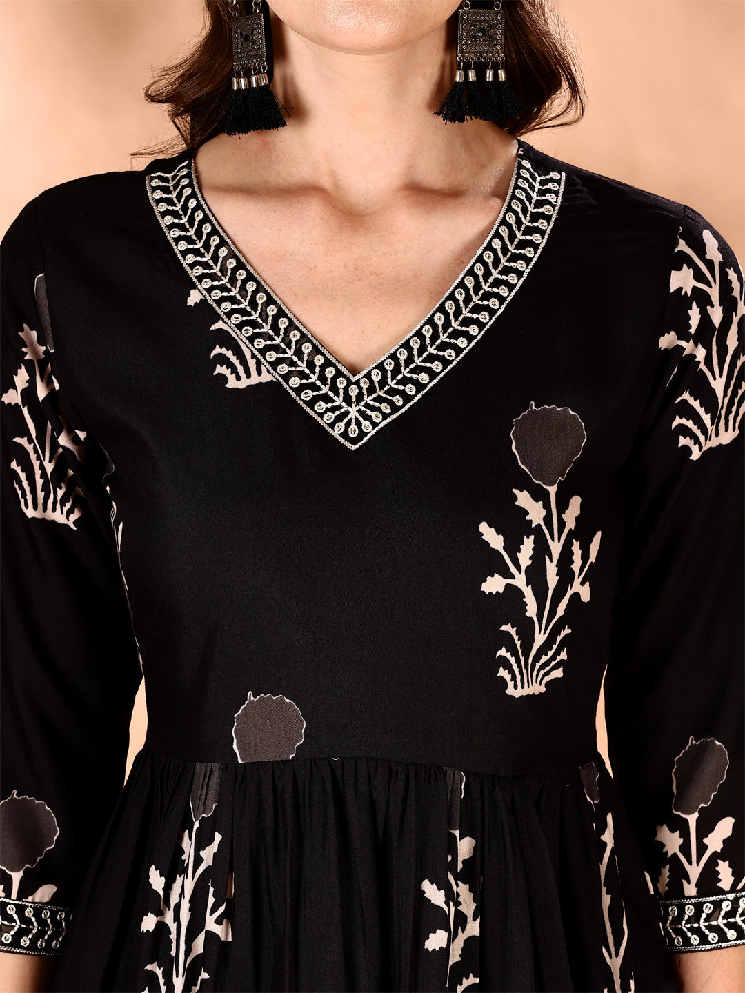 Embroidered & Ethnic Motifs Printed Flared Kurta With Pant & Dupatta, Black - Hiral Fashion