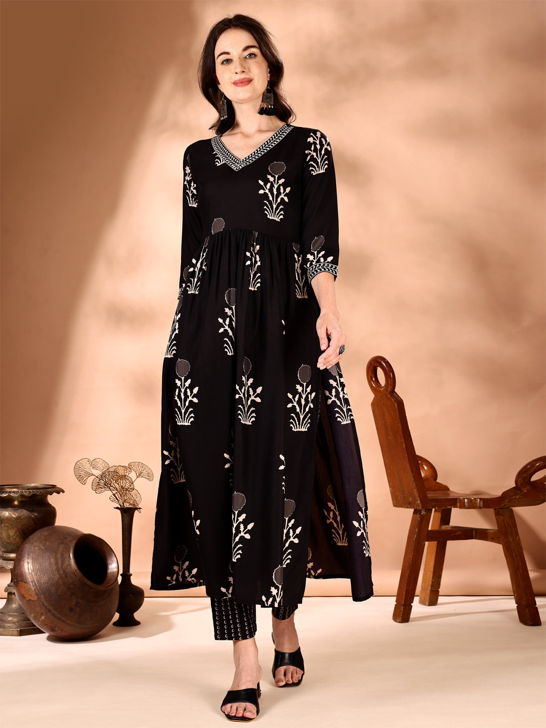 Embroidered & Ethnic Motifs Printed Flared Kurta With Pant & Dupatta, Black - Hiral Fashion