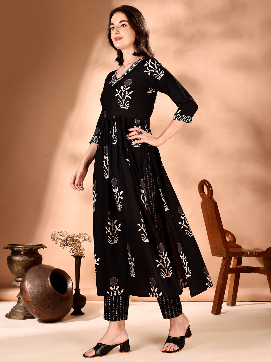 Embroidered & Ethnic Motifs Printed Flared Kurta With Pant & Dupatta, Black - Hiral Fashion