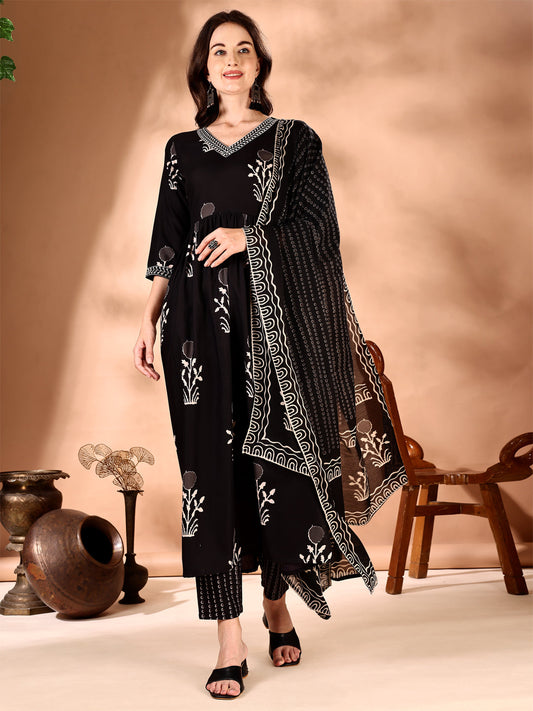 Embroidered & Ethnic Motifs Printed Flared Kurta With Pant & Dupatta, Black - Hiral Fashion
