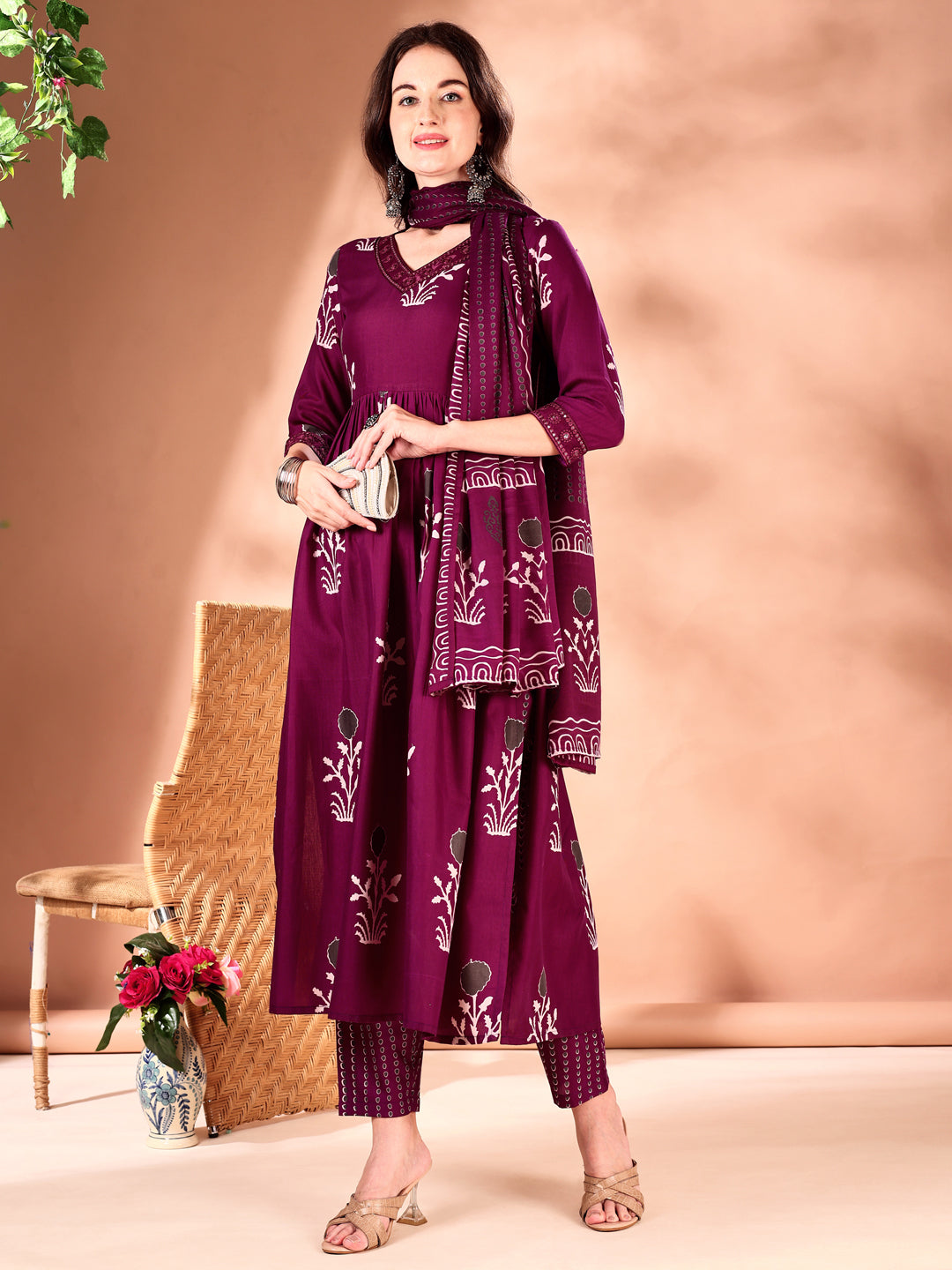Embroidered & Ethnic Motifs Printed Flared Kurta With Pant & Dupatta, Purple - Hiral Fashion