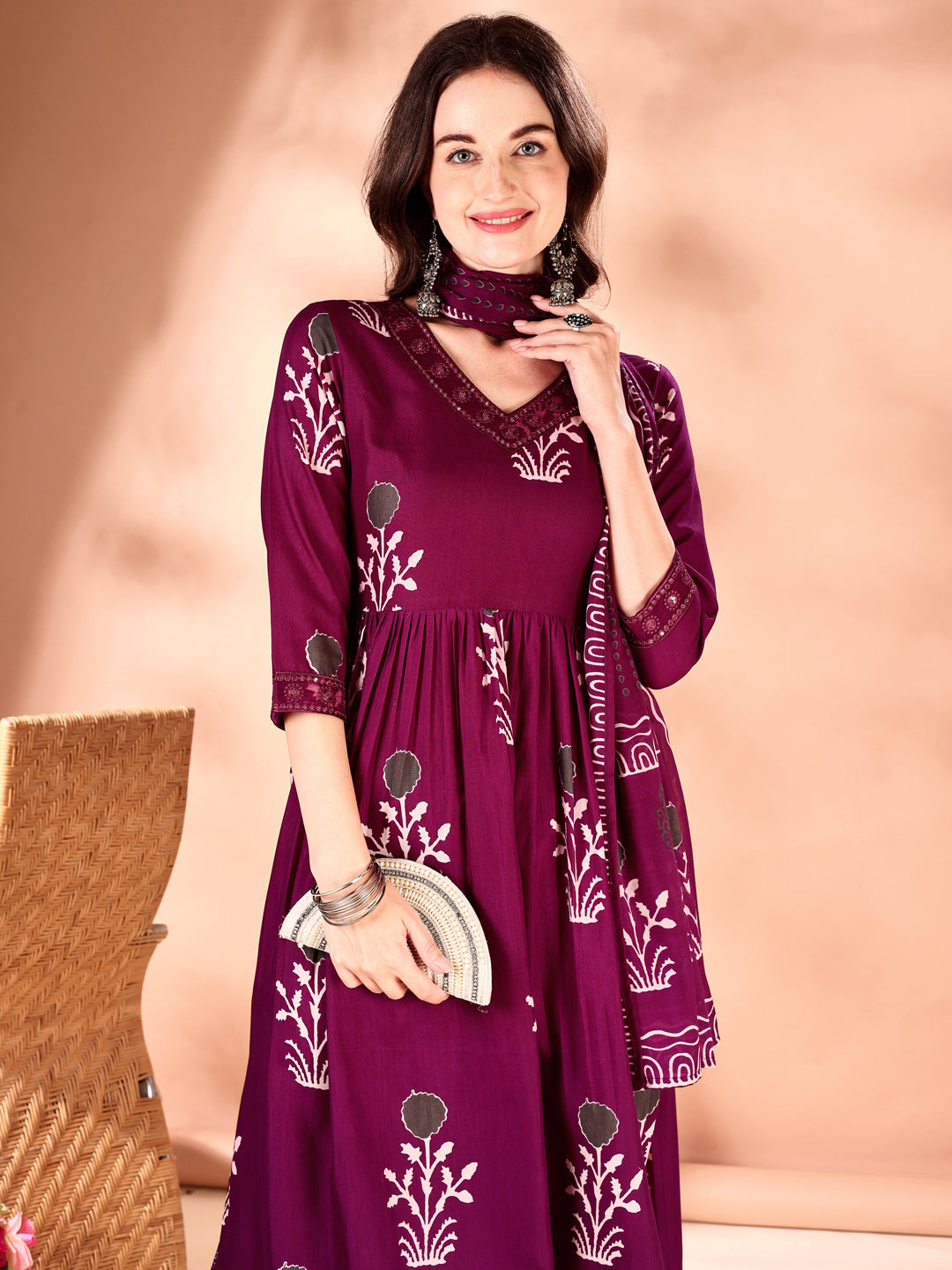 Embroidered & Ethnic Motifs Printed Flared Kurta With Pant & Dupatta, Purple - Hiral Fashion