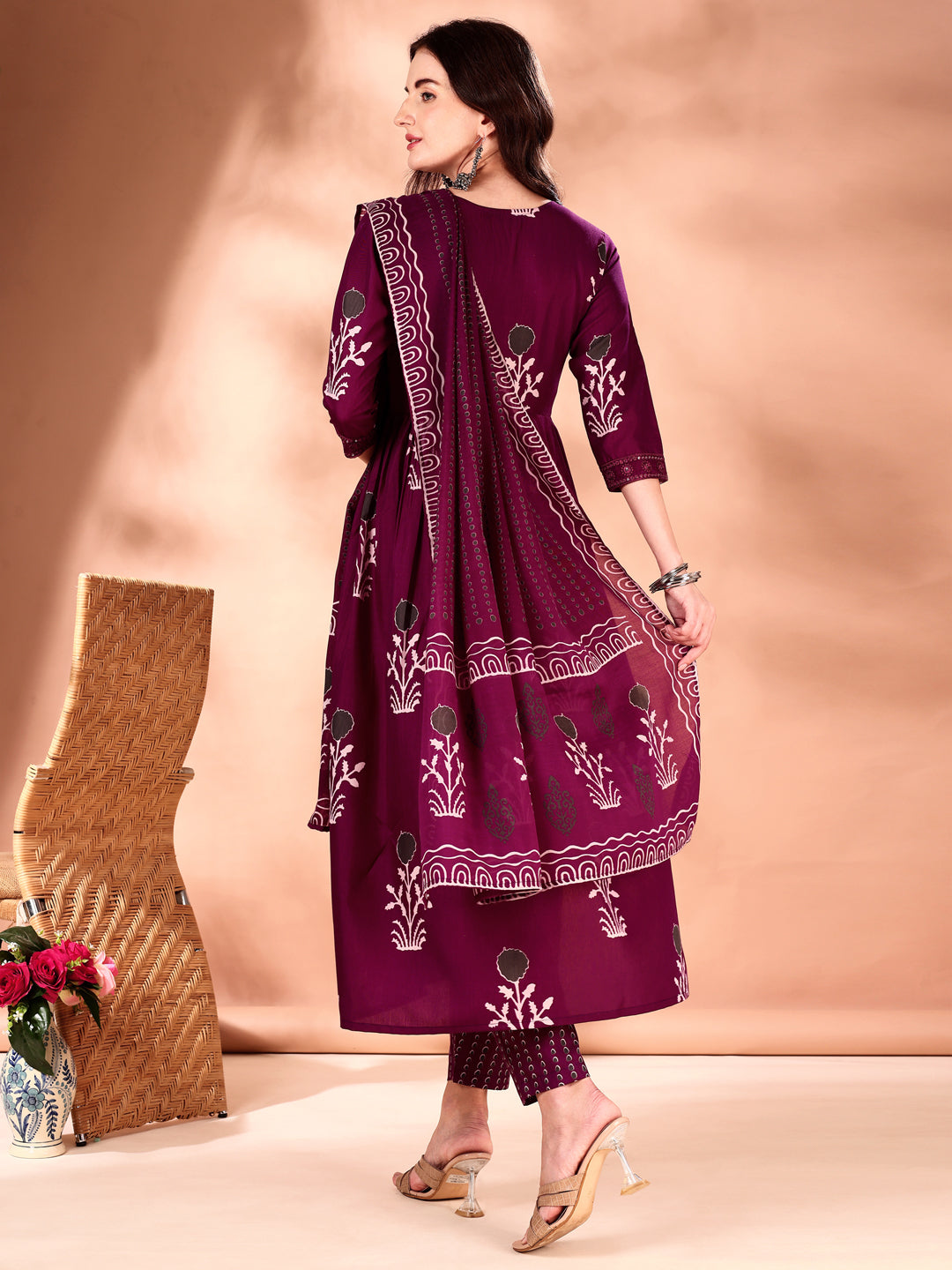 Embroidered & Ethnic Motifs Printed Flared Kurta With Pant & Dupatta, Purple - Hiral Fashion