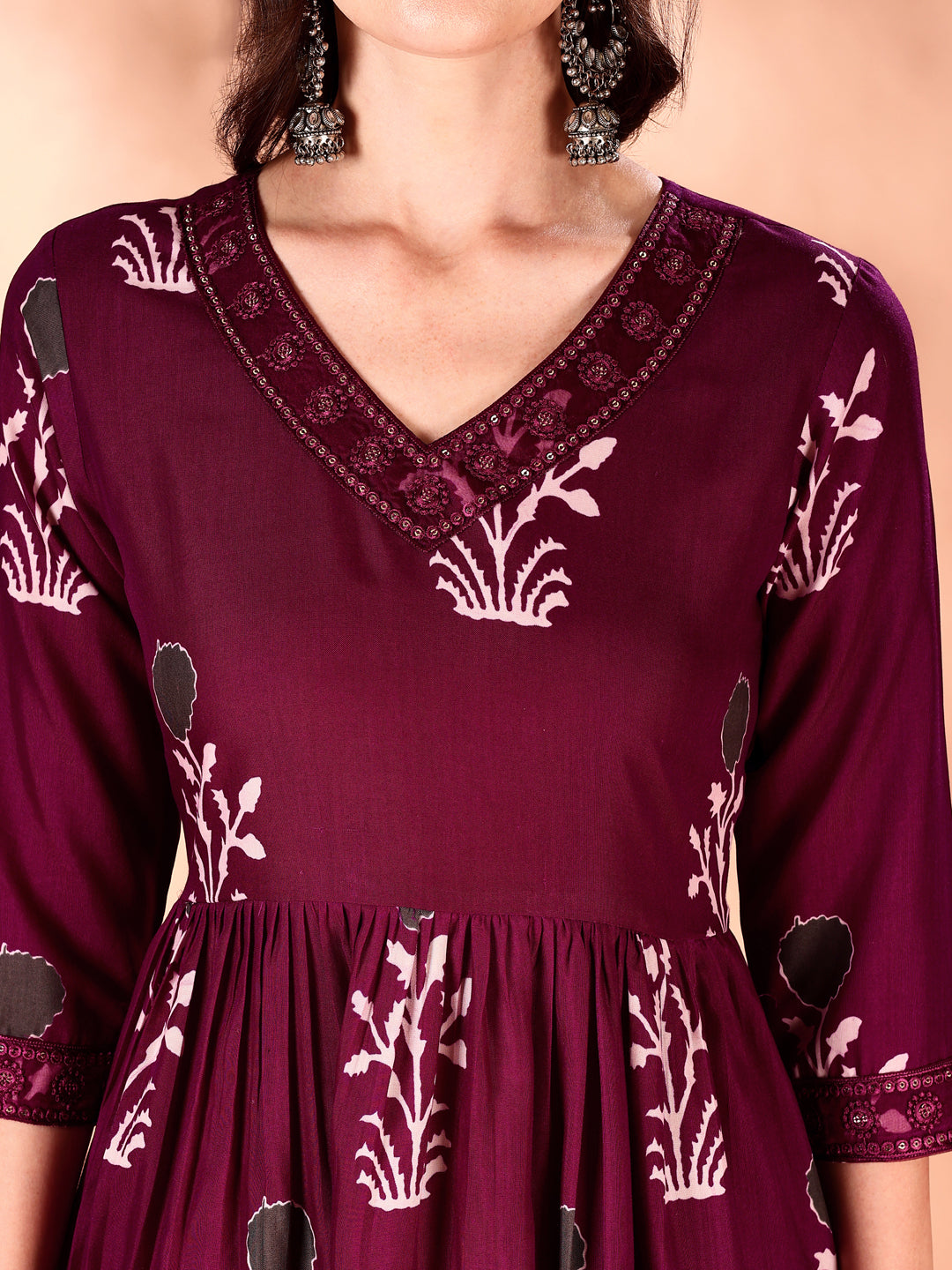 Embroidered & Ethnic Motifs Printed Flared Kurta With Pant & Dupatta, Purple - Hiral Fashion