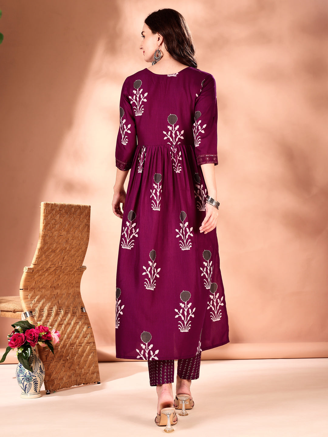 Embroidered & Ethnic Motifs Printed Flared Kurta With Pant & Dupatta, Purple - Hiral Fashion