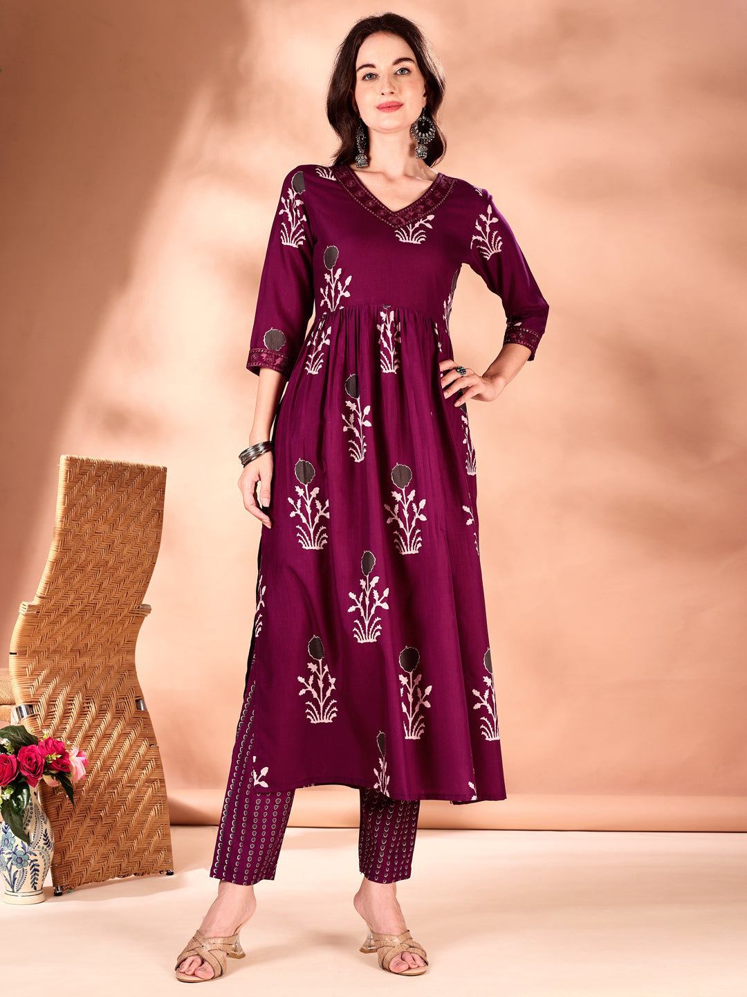 Embroidered & Ethnic Motifs Printed Flared Kurta With Pant & Dupatta, Purple - Hiral Fashion