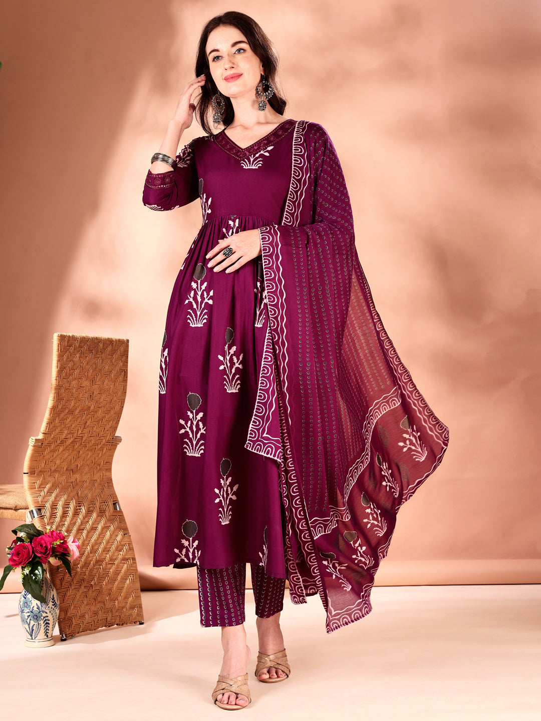 Embroidered & Ethnic Motifs Printed Flared Kurta With Pant & Dupatta, Purple - Hiral Fashion